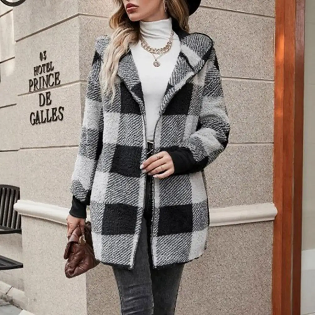 

Women Outerwear Cozy Hooded Plaid Print Overcoat for Women Thick Knitted Fall Winter Coat with Elastic Cuff Mid Length Loose