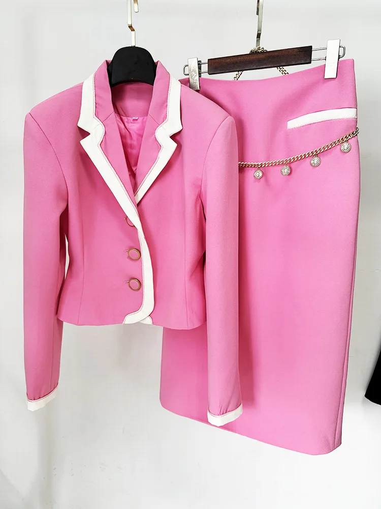 Brand 2024 New White Border Pink Outfit Skirt Suits For Graduation, Jacket Mid Length Set 2piece Festival Women