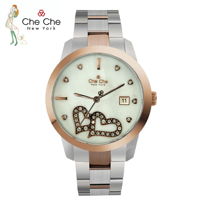 CHE CHE CC024 Watch for Women Elegant and Noble Genuine Steel Heart-shaped Star Models Classic Ladies Rhinestone Wedding