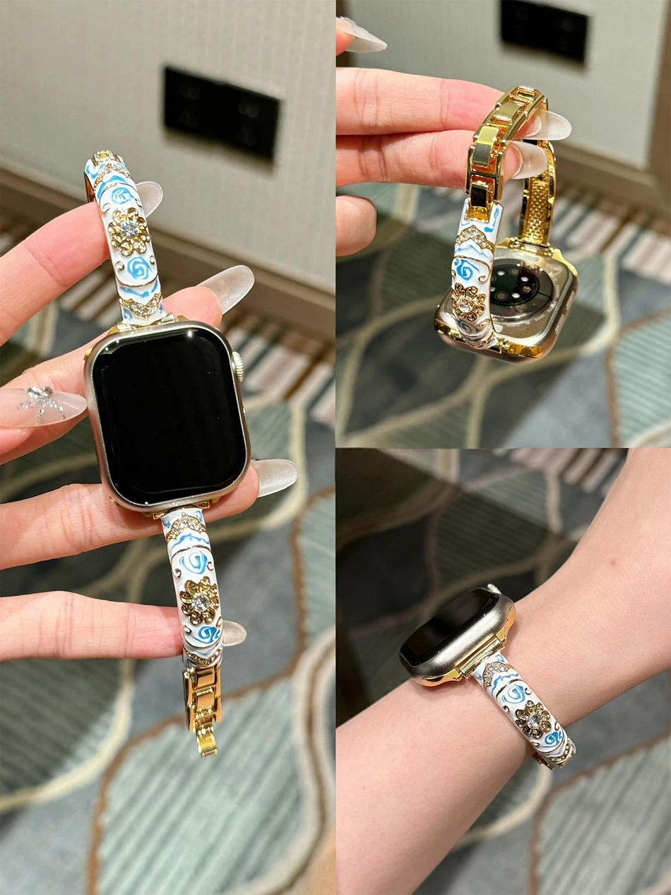 

Винтажный фарфоровый ремешок для Apple Watch Band S11/10/9/8/7/SE/6/Ultra IWatch 49/46/45/44/42/41/40/38 мм металлический браслет из эпоксидной смолы