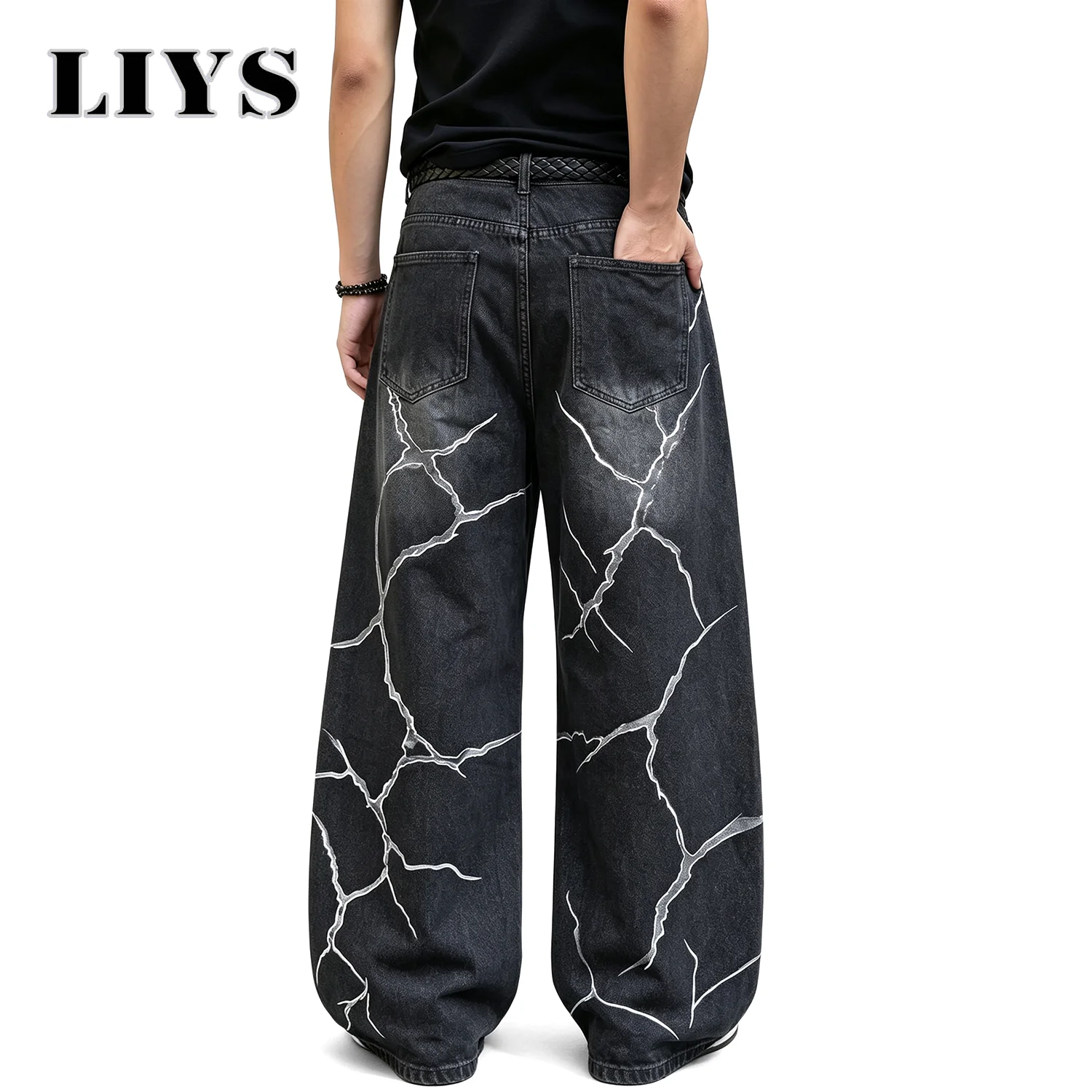 LIYS Men Alt Goth 3D Raised Crack Lightning Print Baggy Wide Leg Jeans Black Oversized Dark Punk Street Casual Denim Pants