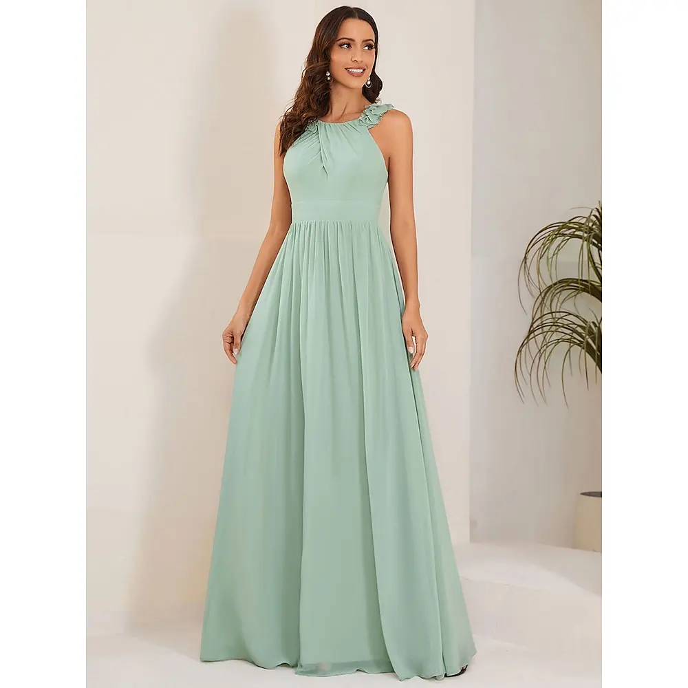 

Elegant Halter Mint Chiffon Ruched Formal Gown Custom Made Open Back Long Wedding Guest Bridesmaid Dresses