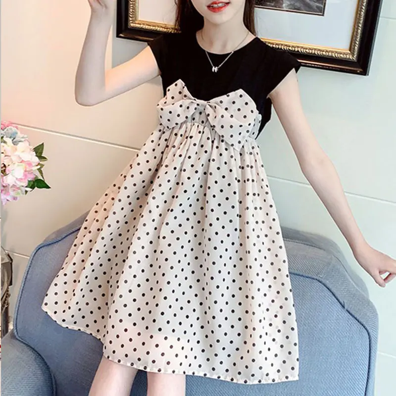 Elegant Fashion Harajuku Slim Fit Children Clothes Loose Casual All Match Princess Skirt O Neck Wave Point Short Sleeve Dresses