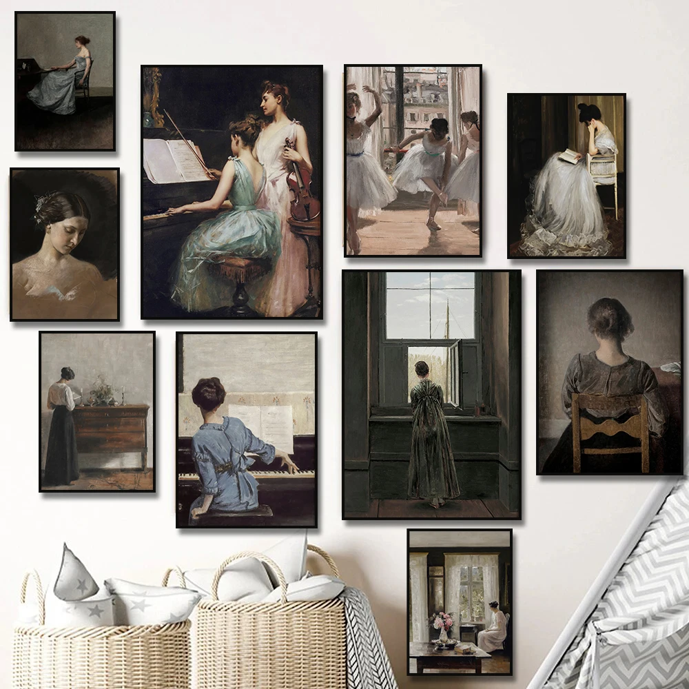 Retrato francés antiguo de mujer para tocar el Piano, estampado de Bar Vintage, pintura de mascarada de bailarina, decoración del hogar para sala de estar