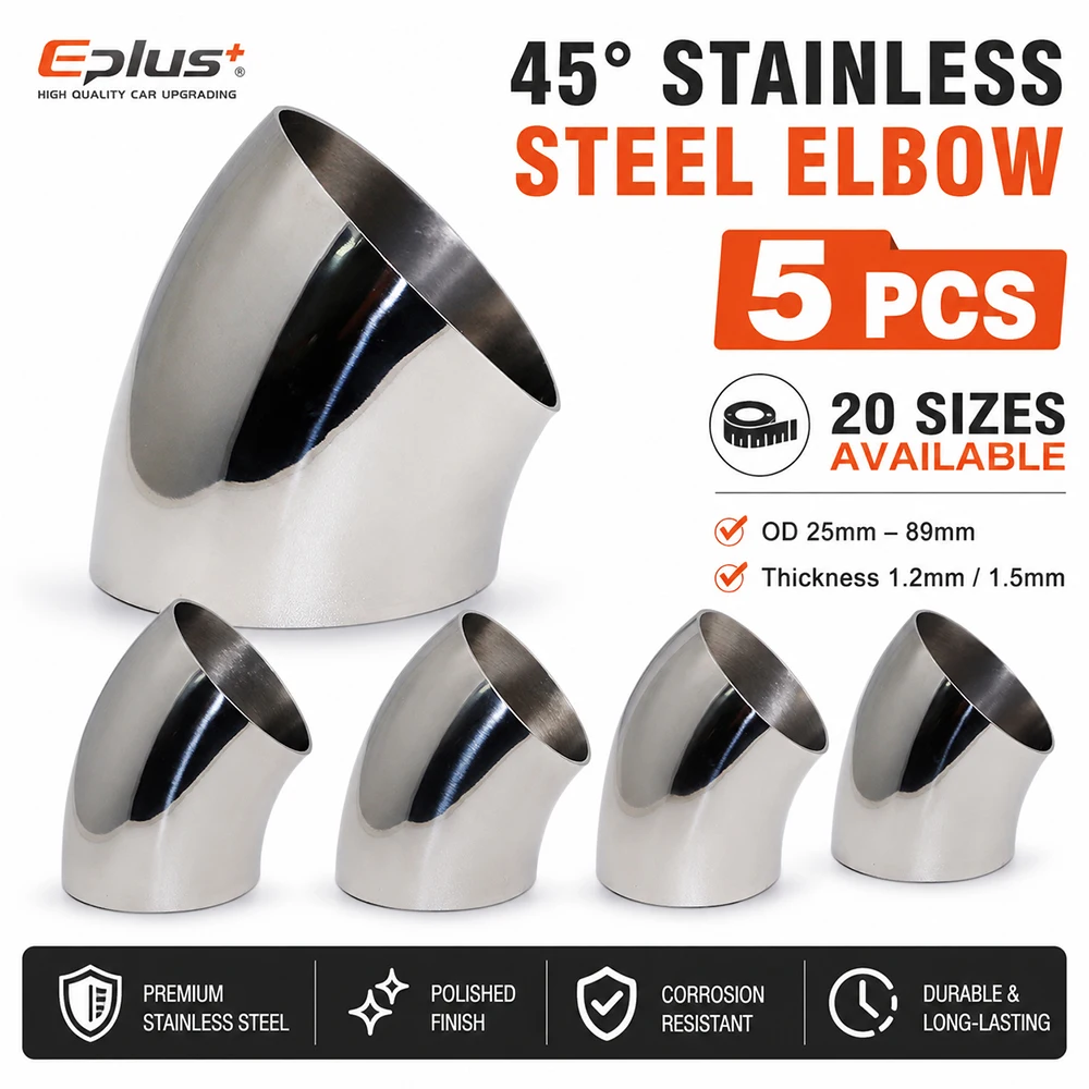 5PCS Universal Stainless Steel 45 Degree Elbow Pipe Polished Weld‑On Pipe Fitting Bend Tube for Car Exhaust Muffler Replacement