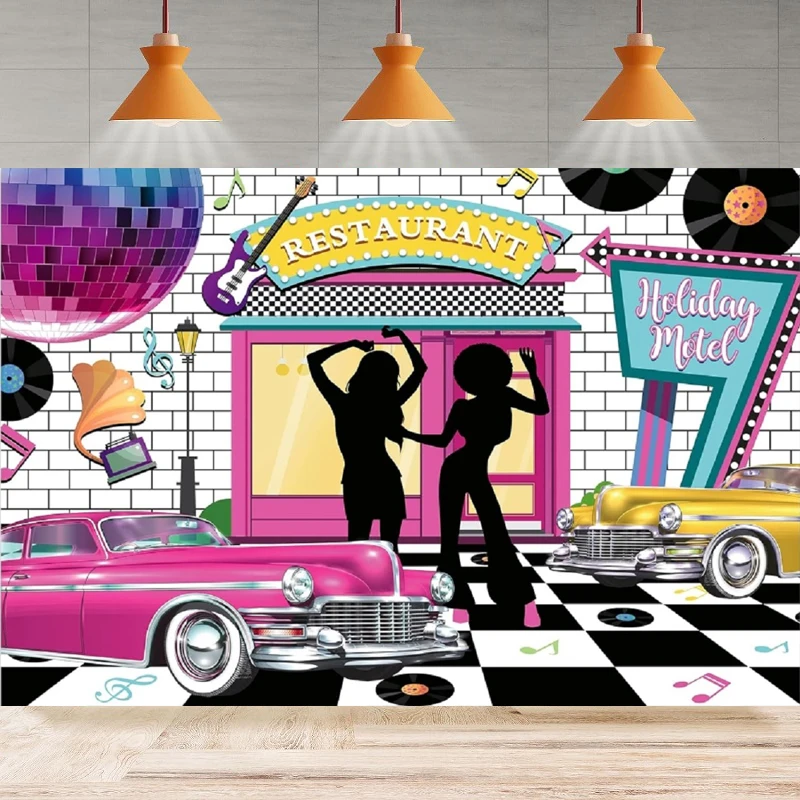 50s Disco Photography Background Soda Shop Rock And Roll Music Pink Car Guitar Classic Plaid Rocking Party Backdrop Wall Banner