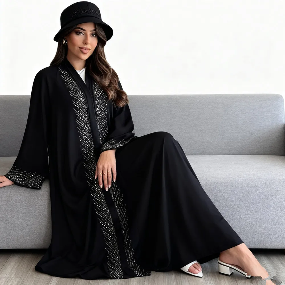 

Ramadan Modest Abaya Dubai Diamonds Black Cardigan Muslim Woman Dress Eid Kebaya Jalabiya Caftan Marocain Femme Robe Kimono Gown