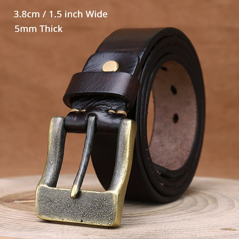 New 5mm Thickened Genuine Leather Belt First Layer Cowhide Solid Brass Buckle Retro American Style Rough Belts 3.8cm/1.5'' Wide