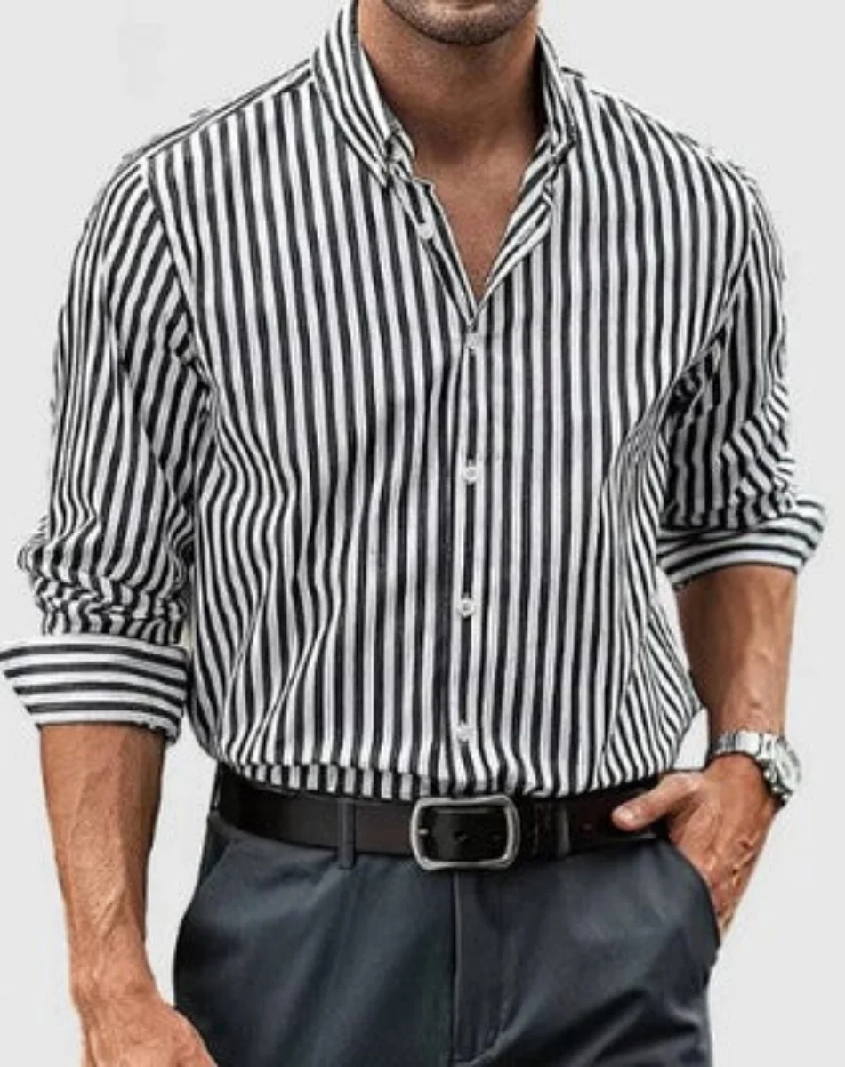 20メンズシャツティキシリーズ無地ストライププリントパターン長袖ラペルボタンカジュアルシャツ快適で柔らかい生地
