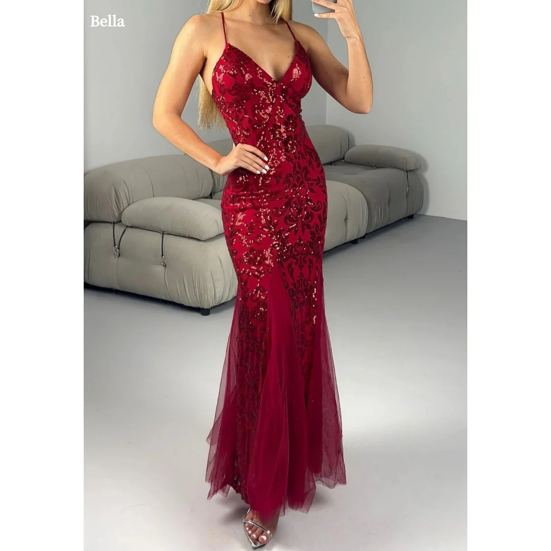 Bella personnalisé bordeaux Spaghetti sangle profonde V robe de bal paillettes sirène Tulle robes de soirée élégantes robes formelles de soirée