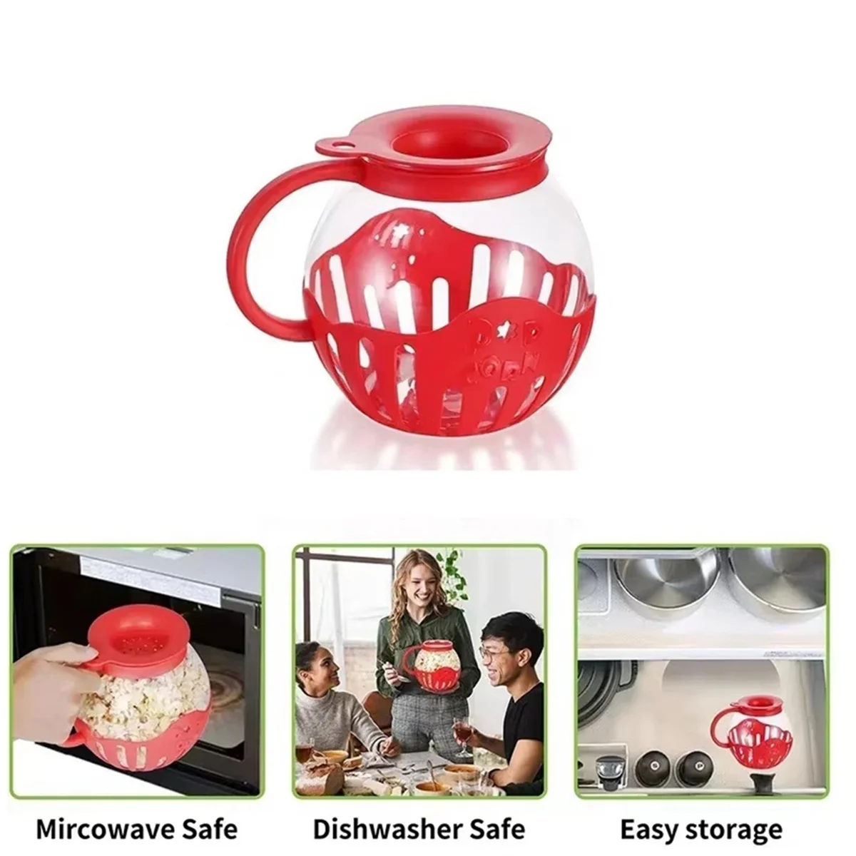 ABBZ-Microwave Popcorn Maker Bucket Microwave Bowl Mini Machine Safe Silicone Lid Popcorn Maker Red