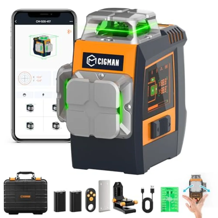 

Gesture Control Laser Level with Side Screen Display 3×360° Green Self Levelling Lines Hands Free Gesture Line and Brigh