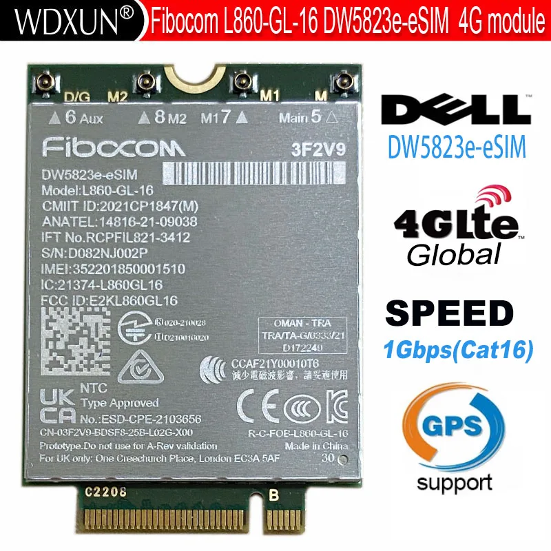 Dw5823e DW5823e-eSIM L860-GL-16 Cat16 Multimode Lte Wcdma Module Wereldwijd Netwerk 1Gbps Voor Breedtegraad 5440 5540 7440 7640