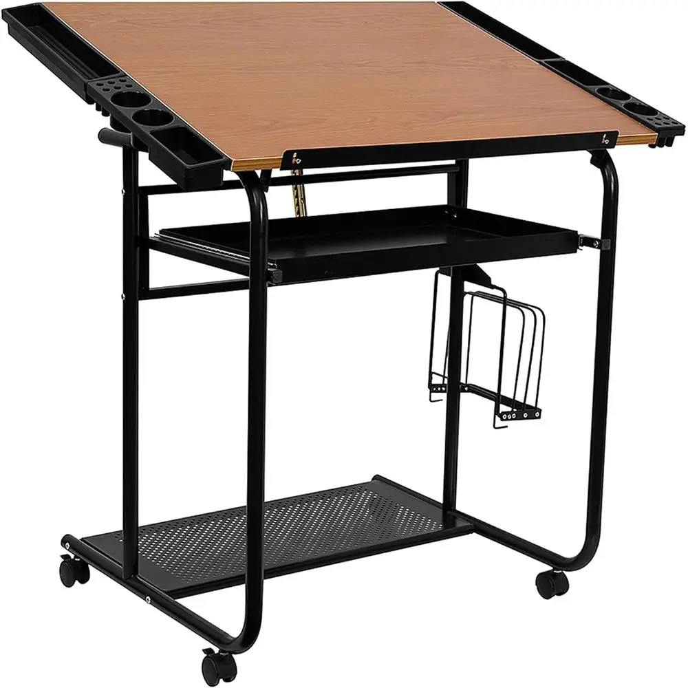 Adjustable Cherry Wood Dining Table with Black Edge and Dual Wheel Casters