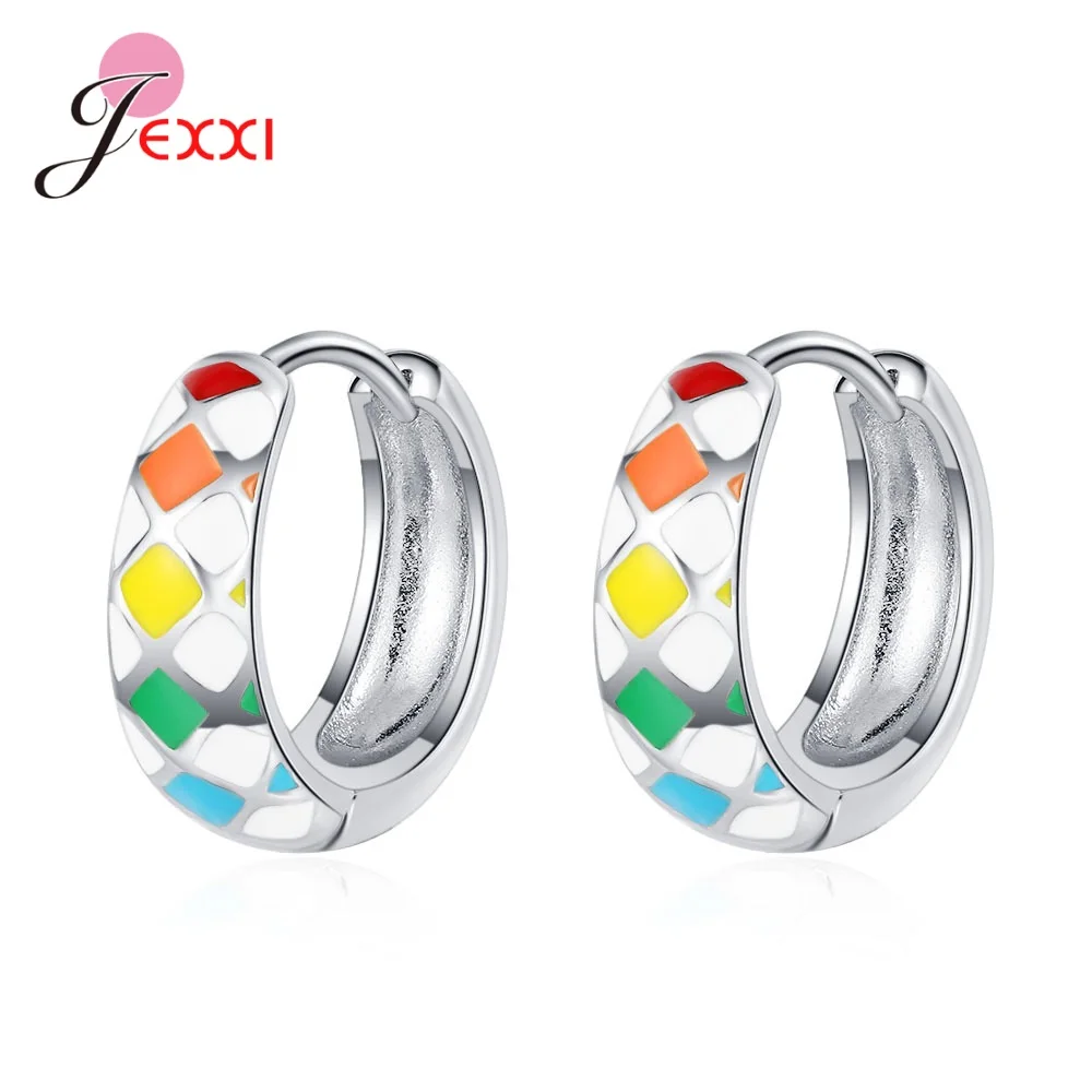 New Trendy Original 925 Sterling Silver Color Rainbow Chequered Earrings Fashion Brilliant Color Ear Buckles Women Fine Jewelry