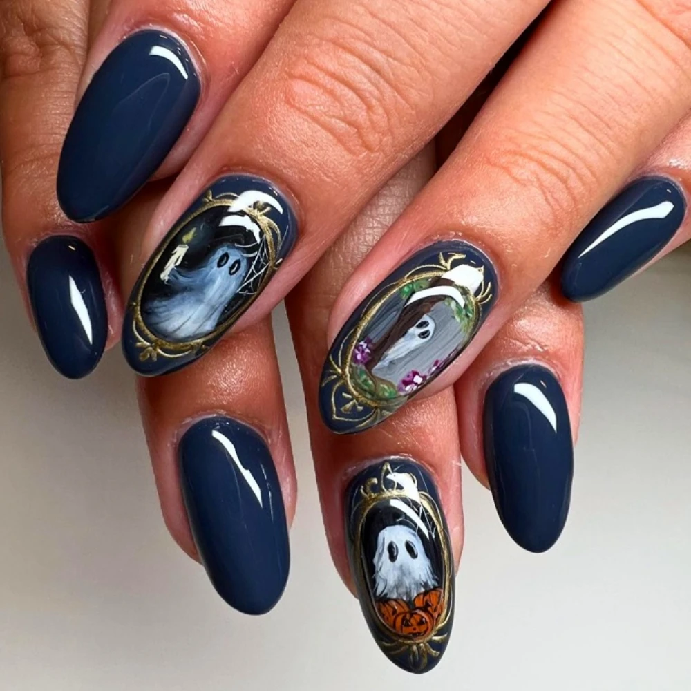 Imprensa artesanal em unhas postiças, pintura do carnaval do Dia das Bruxas, INS Y2K, fantasma bonito 3D, médio oval, unhas postiças, arte de design, unhas DIY com conjunto