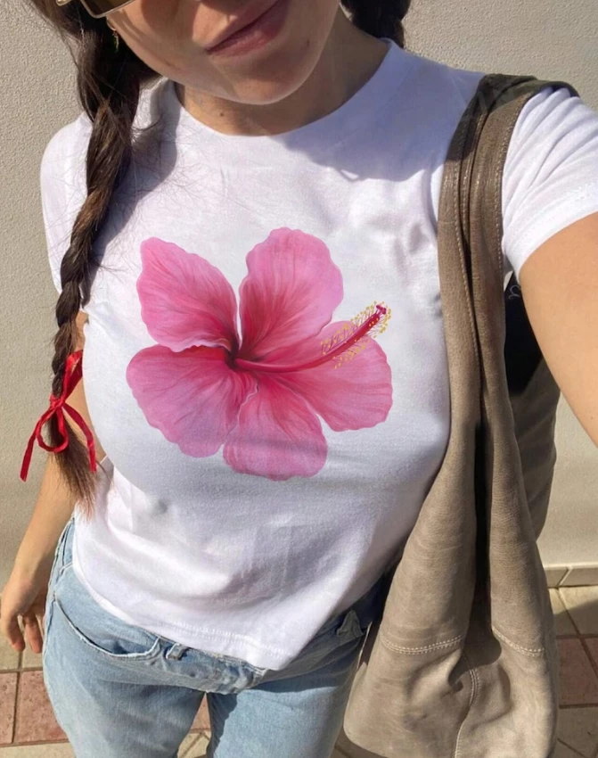 

Tropical Flower Tops for Bodice Baby Tee Hibiscus Shirt Funny Fashion Short Tshirt Woman's Top Women Clothing