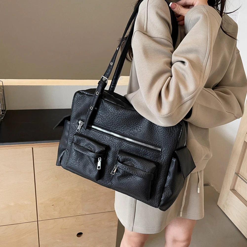 2024 Women PU Leather Shoulder Bag Multi-Pockets Underarm Bag Solid Versatile Commuting Handbag Adjustable Strap Armpit Tote Bag