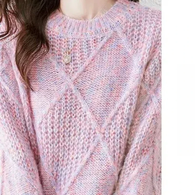 Flattering Women's Clothing Round Neck Autumn Winter Contrast Color Lantern Long Sleeve Pullover Sweater Knitted All-match Tops