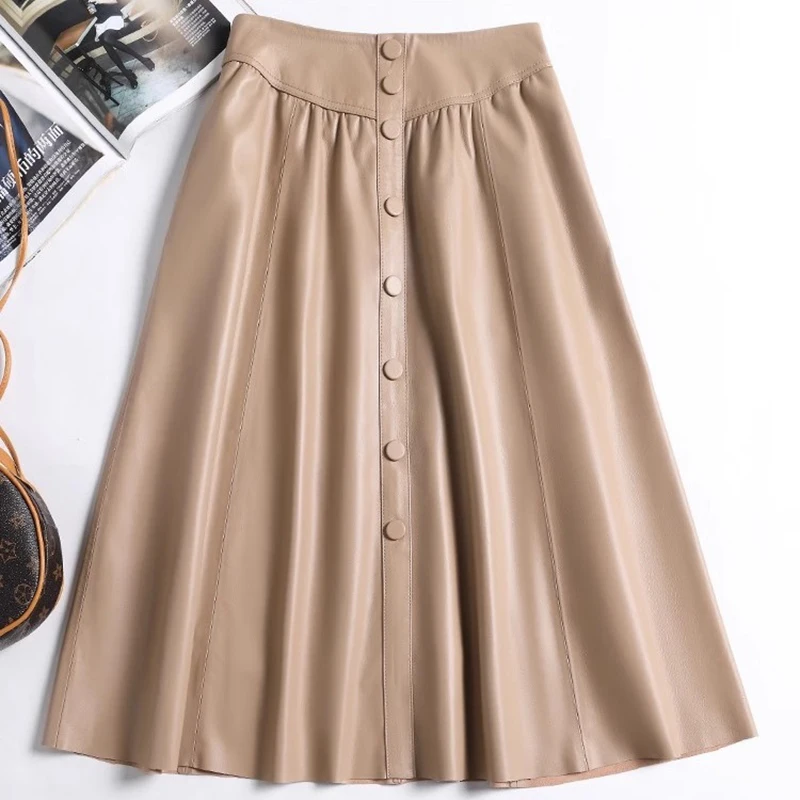 2024 Genuine Leather A-line Skirts for Women High Waist Single-breasted Button Midi Skirt Autumn Chic Ladies Lambskin Skirts