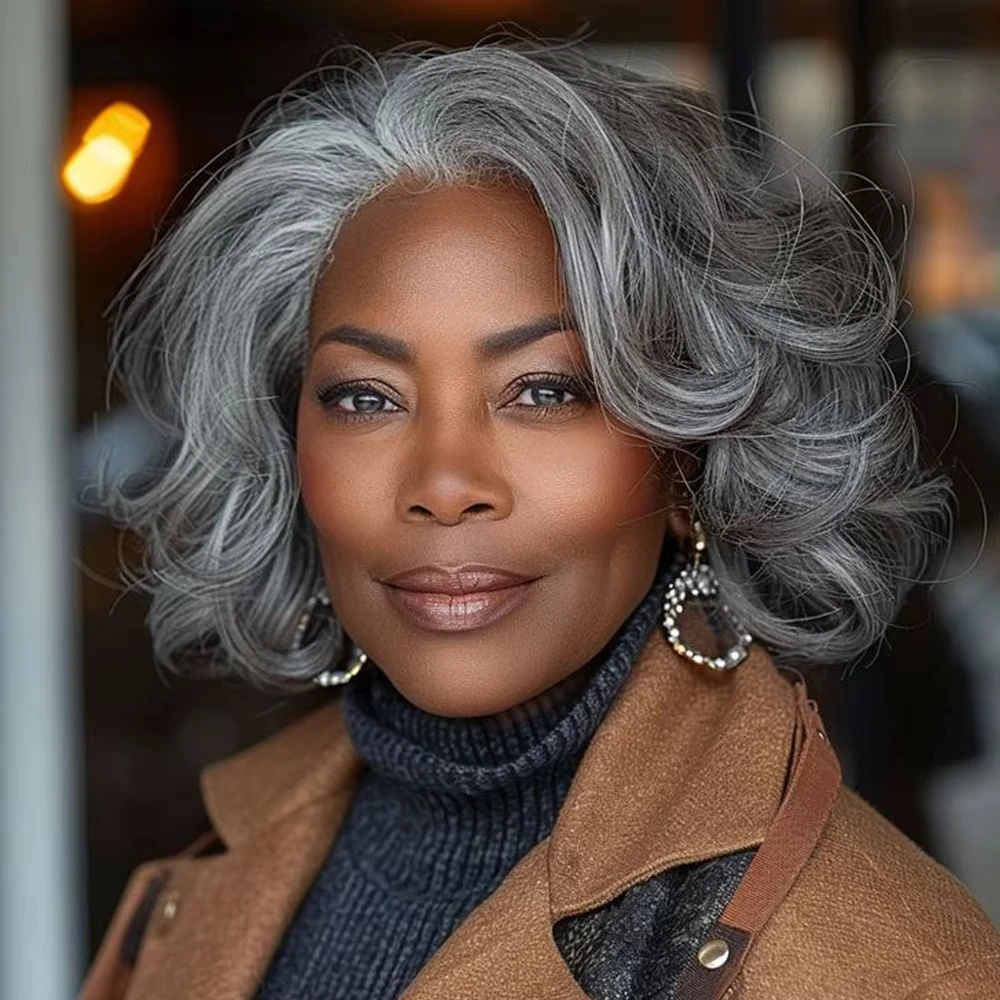 

180% Density Salt and Pepper Loose Wave 5x5 Lace Front Human Hair Wig Pre Plucked Short Bob Glueless Wig Pre Plucked For Women