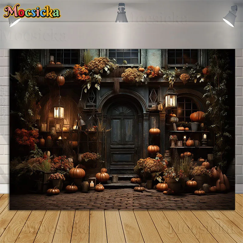 Autumn Pumpkin Porch Backdrops Kids Birthday Portrait Cake Smash Photography Props Fall Harvest Background Retro Wood Door Decor