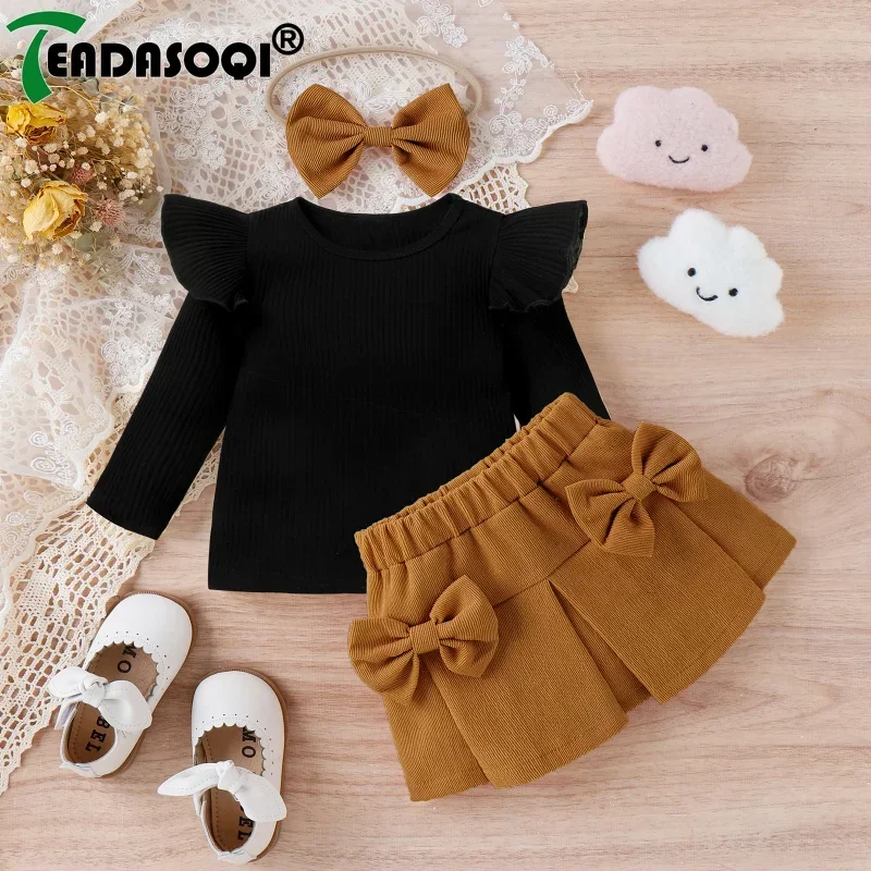 0-3Y New Baby Girls Clothing Outfits Newborn Flying Sleeve Ribbed Tops and Corduroy Mini Skirt Headband Set Infant Clothes Suit