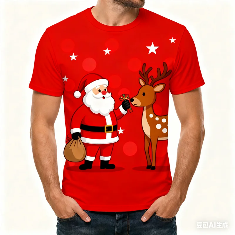 

Santa Claus Funny Men's T-shirt 3D Christmas Reindeer Printed Crew Neck Top Fashion Street Casual Daily X'mas Party Men Clothing