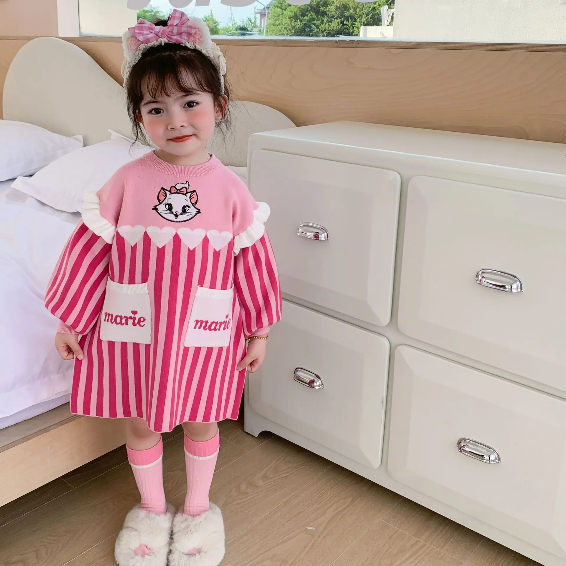 Anime Sanrios Hellokittys My Melody Kuromi Autumn Winter Cute Girl Dress Fur Ball Color Matching Kids Knitted Long-Sleeved Skirt