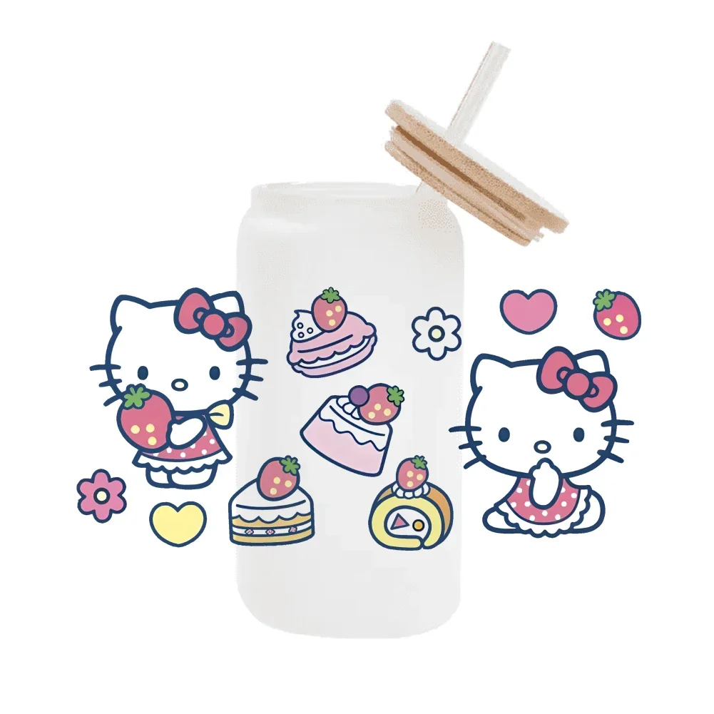 Hello Kitty Sanrio Friends Wrap pegatina para Libbey 16oz lata de vidrio impermeable Uv Dtf café lata Diy artesanía