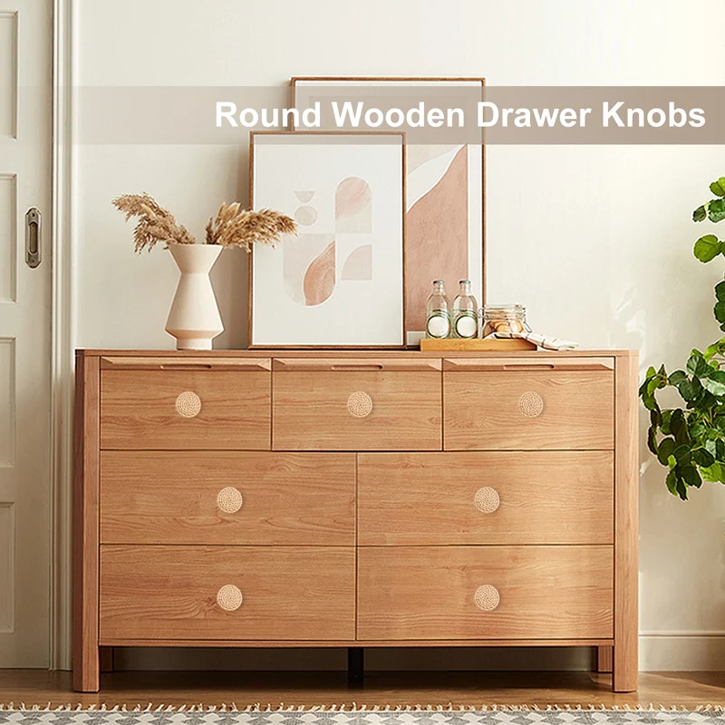 Boho Rattan Dresser Knobs Round Wooden Drawer Knobs Handmade Wicker Woven and Screws for Boho Furniture Knobs 6Pcs-A09G