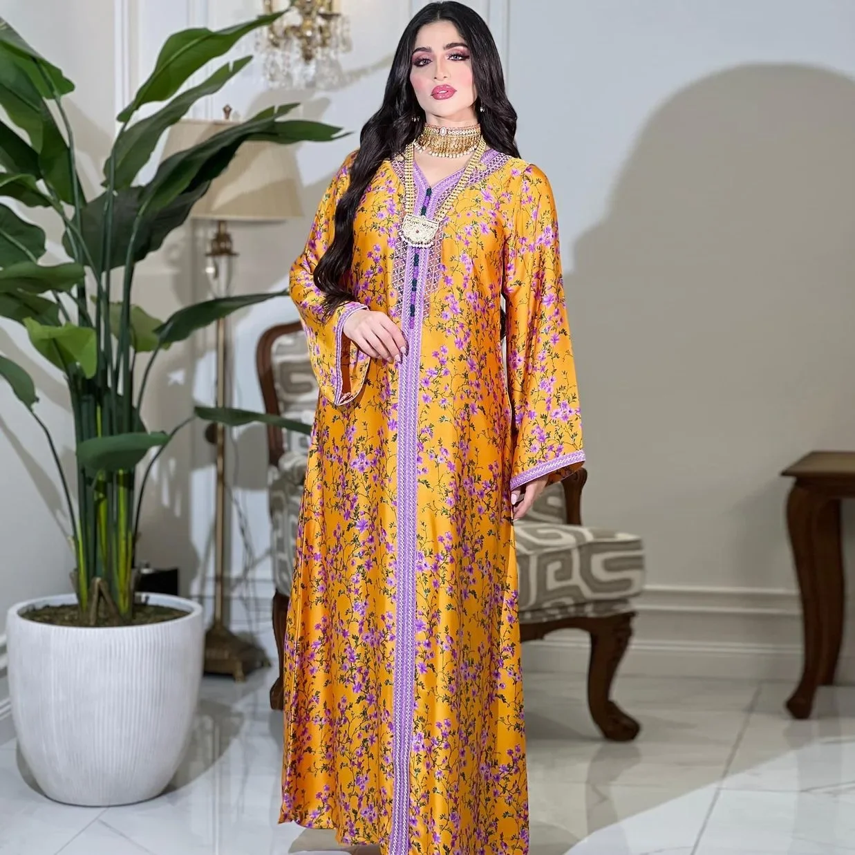 

Fashion Diamond Print Maxi Dress Women's V-neck Casual Long Sleeve Robes Muslim Dresses Dubai Jalabiya Abayas for Women Vestidos