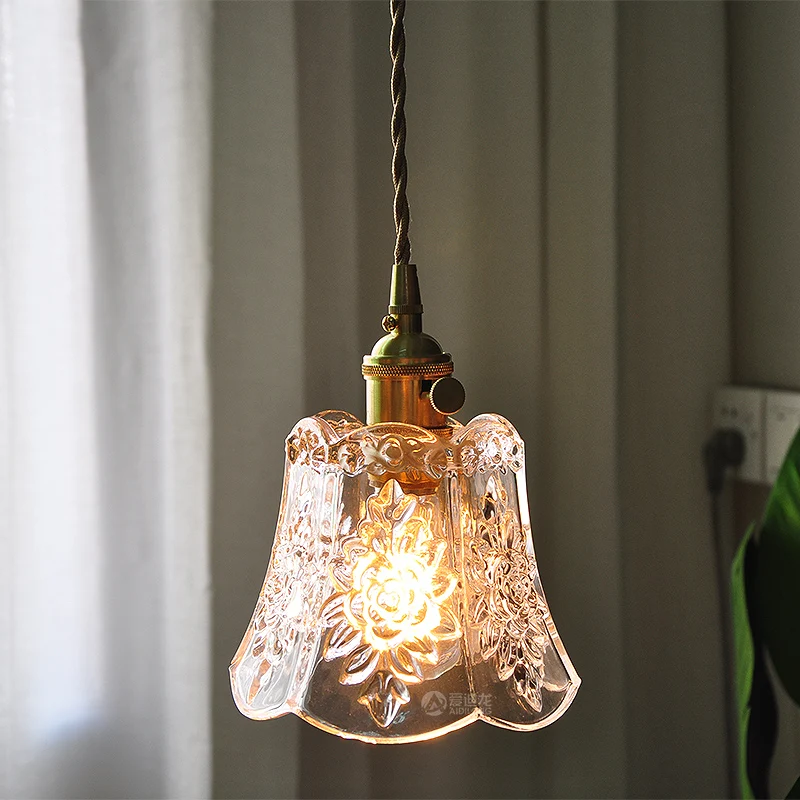 

Nordic bedroom restaurant bar bed and breakfast flower Japanese retro carved glass bedside small chandelier