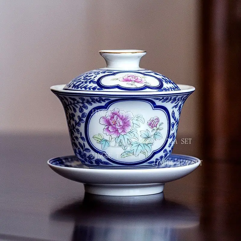Jingdezhen Blue and White Doucai Porcelain Gaiwan Underglaze Color Open Window Floral Sancai Gaiwan for Kung Fu Tea Ceremony