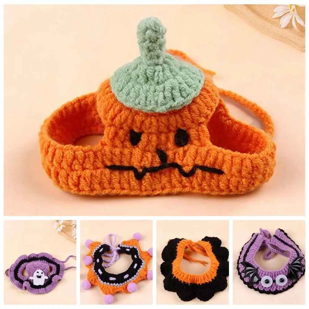 تنفس هالوين الحيوانات الأليفة ازياء الملابس شبح هالوين القط القبعات اليقطين الكرتون القط المنسوجة قبعة مريلة الوجه الديكور #6