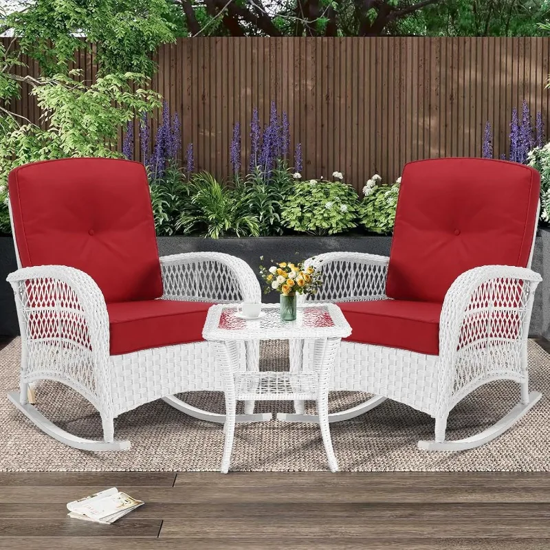 3-Piece Patio Parlor Set, Rattan Outdoor Swinging Patio Bistro Set with 2 Rocking Chairs and 1 Side Table, 4” Thick Cushions