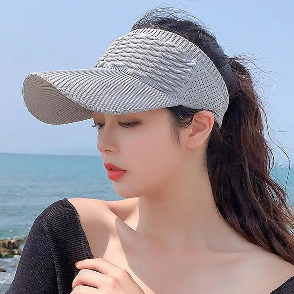 Portable Fish Scale Knitted Visor Cap Breathable Solid Color Long Brim Sun Cap Polyester Versatile Sunscreen Empty Top Hat Sport