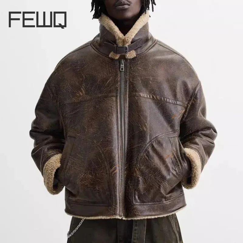 FEWQ Men's Collar Imitation Suede Rolled Edge Doublesided Jacket 2024 Vintage Contrast Color Long Sleeve Male Tops 24E5484