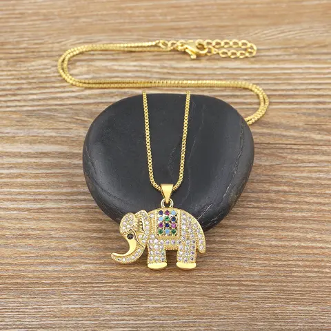 Nidin New Cute Women's Luxury Cubic Zirconia Elephant Pendant Necklace Chain Aesthetic Statement Vintage Jewelry for Girls Gift