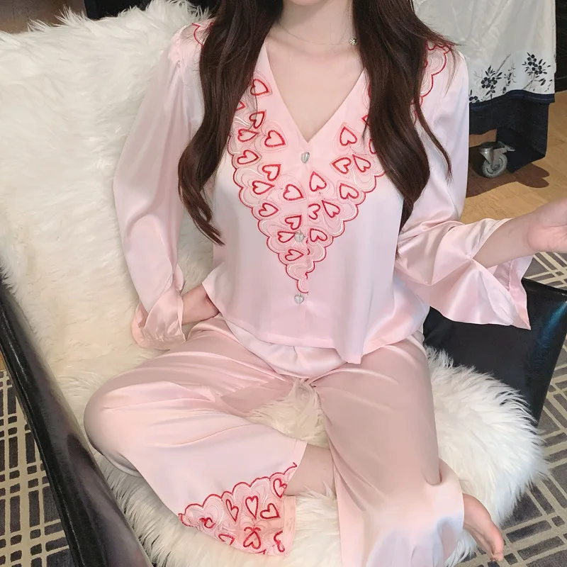 

Комплект пижамы с V-образным вырезом и длинными рукавами для женщин: весенняя домашняя одежда, ночная сорочка, атласный костюм с эластичной талией, белье