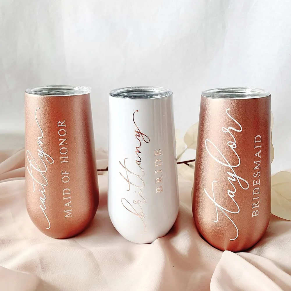 Copas de champán personalizadas, copas de vino de acero, copas sin tallo reutilizables para damas de honor, compromiso, boda, regalo de cumpleaños