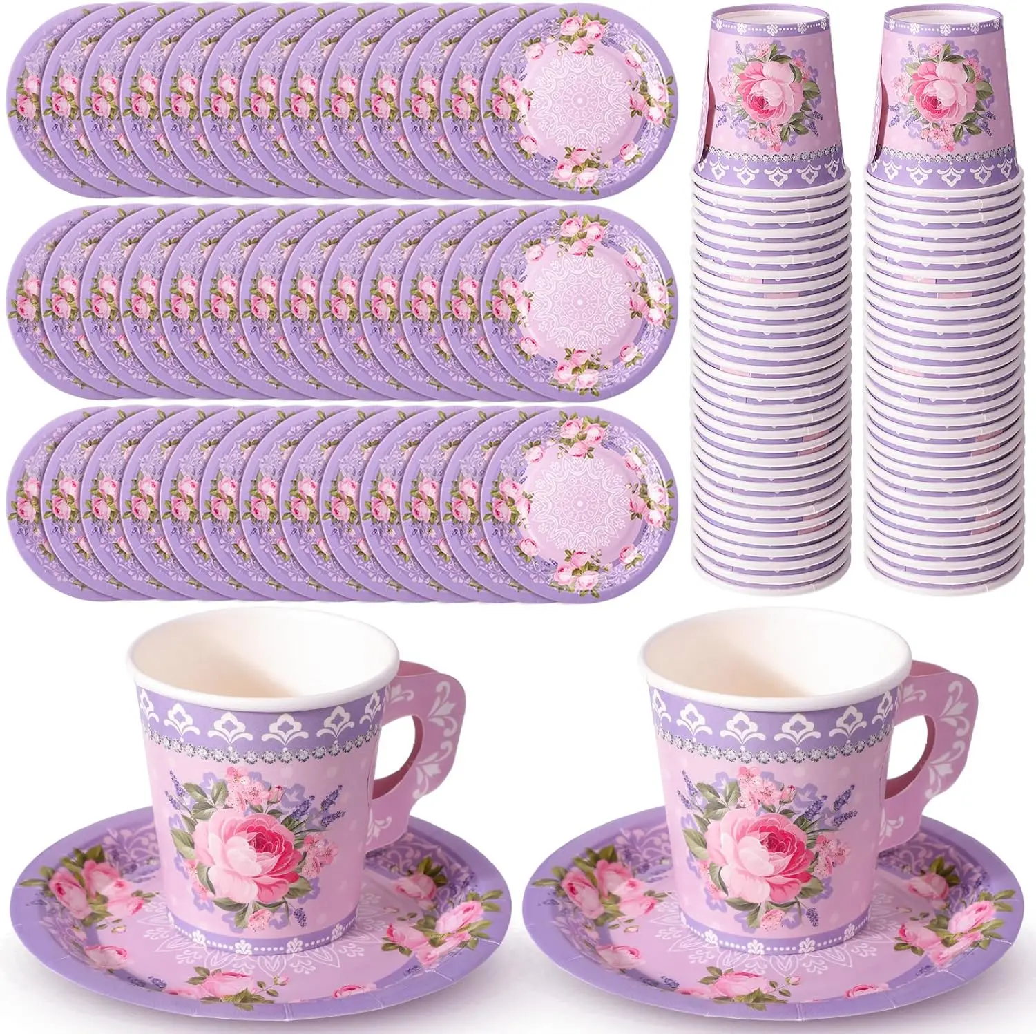 

200 Pcs Floral Paper Tea Cups and Saucers 7 oz Disposable Tea Party Decorations Vintage Cute Paper Tea Cups and Plates w