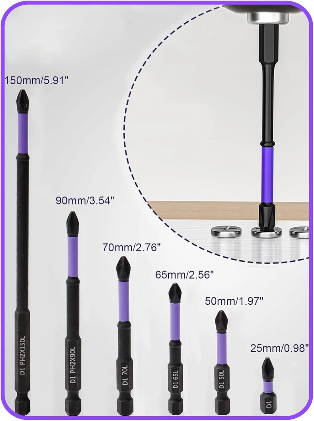 Driver Bit Set 6pcs Magnetic Bits D1 Alloy Steel Impact Resistance Long Cross Driver Bits 1/4in Hex Shank for Drills