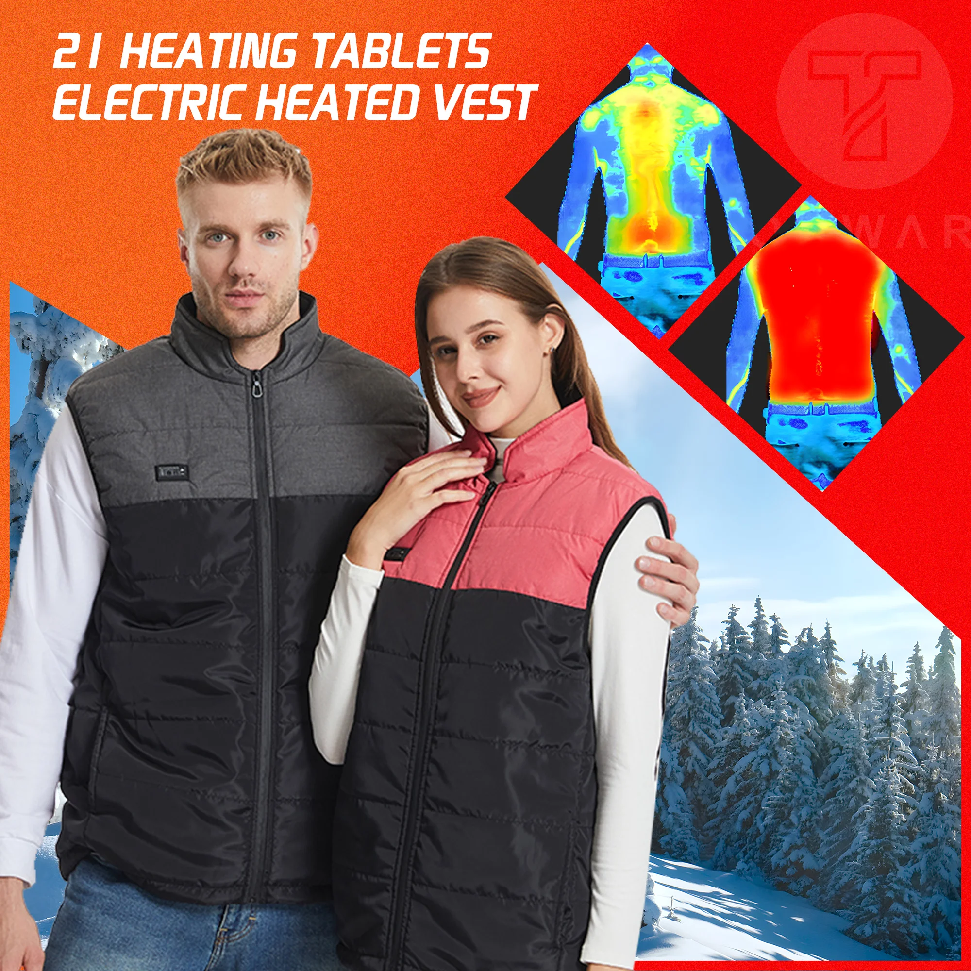 TODWARM-Vest de Aquecimento Elétrico para Homens e Mulheres, Roupas Térmicas, Colete de Inverno, Controle Duplo, 21 Áreas, USB, Esportes, Caminhadas