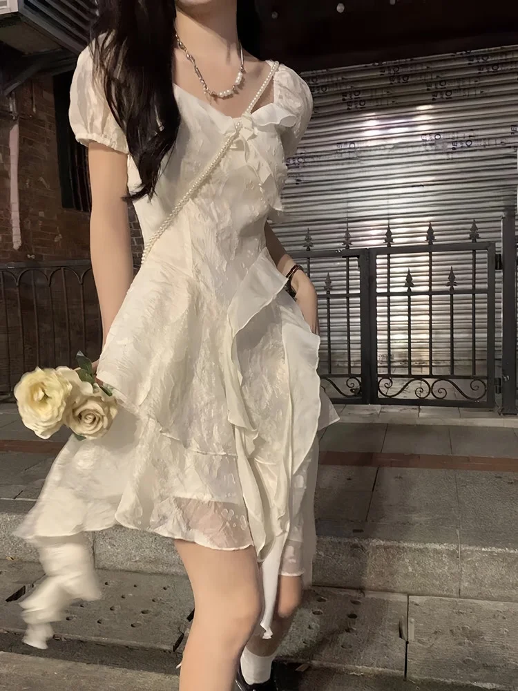 

Sweet Princess Style Ruffle Hem Dress Women's Summer New Fashion High Waist Fairy Skirt Short Sleeve Bubble Sleeve Zipper Clo...