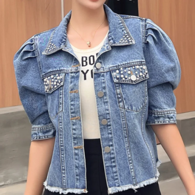 

ZXRYXGS 2025 New Pearl Pocket Mid Sleeve Denim Jacket Temperament Trendy Fringed Shirt Short Jacket Women's Clothing