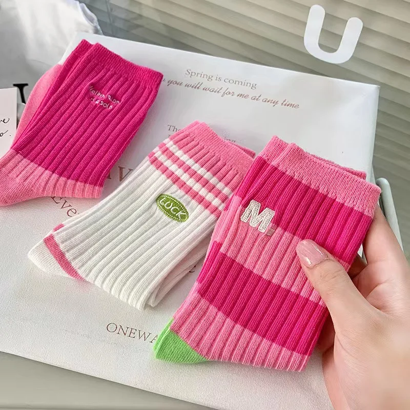 Pink Women\'s Socks Spring and Autumn Mid-tube Cotton Socks Long Summer Thin Striped Socks