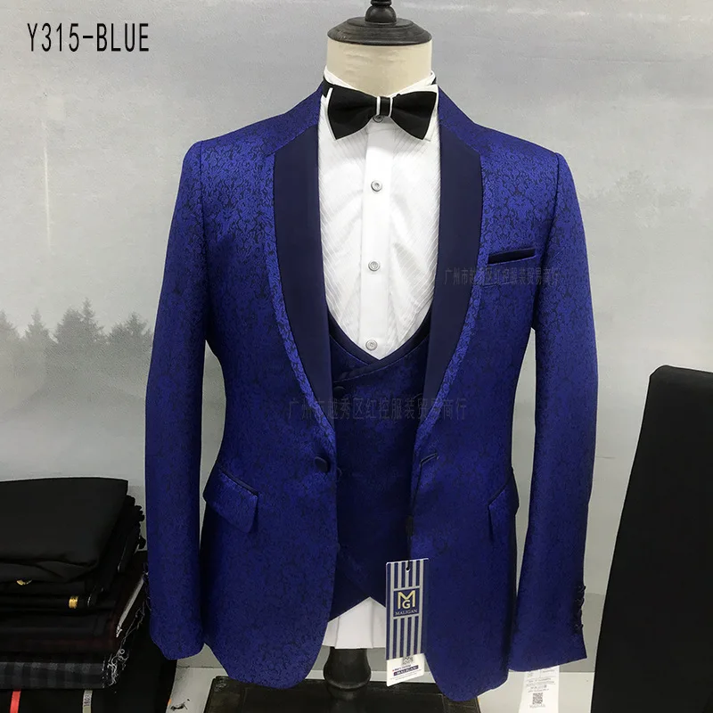 

Fashion Blue Suits for Men Slim Fit 3 Pieces Suit Prom Wedding Blazer Vest Pants Set Luxury White Floral Printed Tuxedos for Men