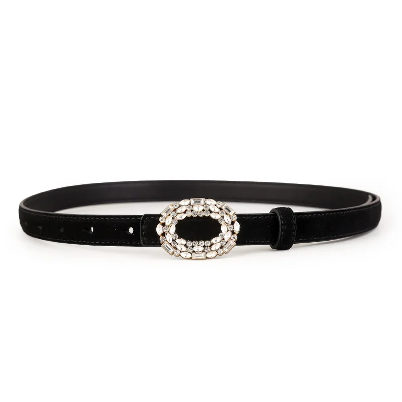 Suede Women's Belt with Rhinestones Set with Round Button Jeans Embellishments