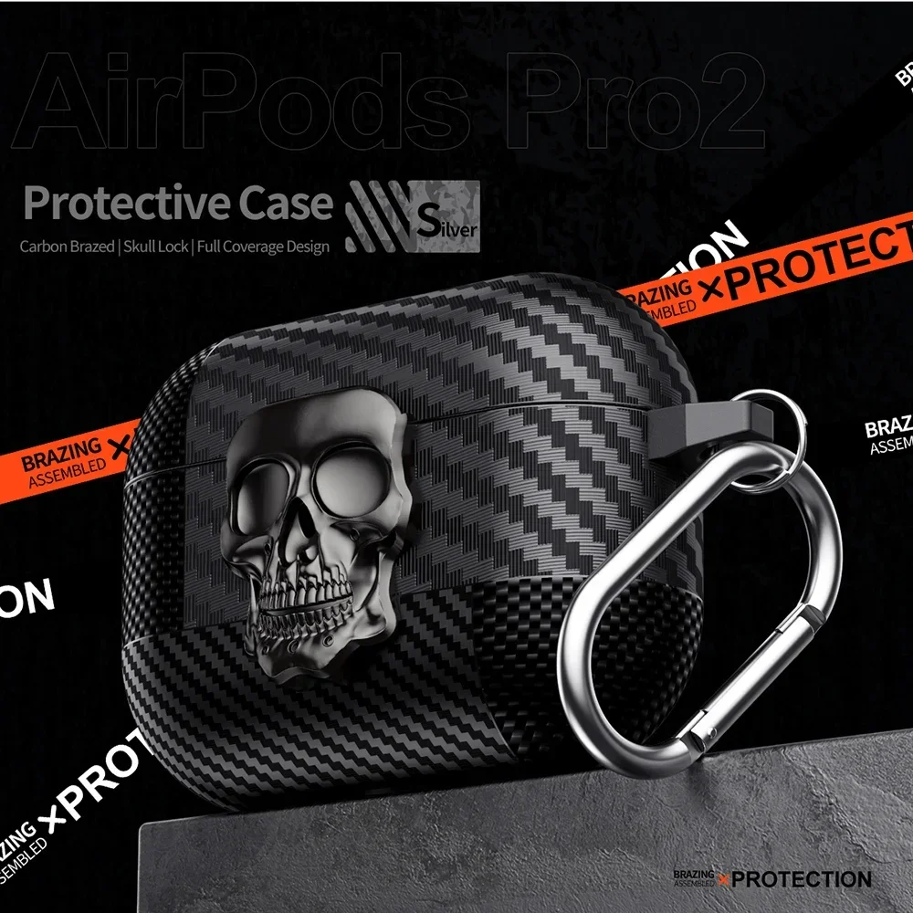 Unique Skull Rotating Lock Design Carbon Fiber Texture Earphone Case For Apple AirPods Pro 4 3 2 Headphone Cover With Carabiner view 3